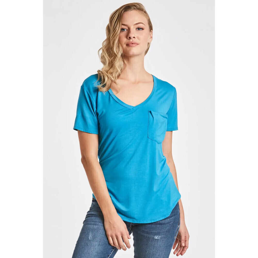 Another Love V-Neck Pocket Short Sleeve Tee Top Soft Turquoise Size L